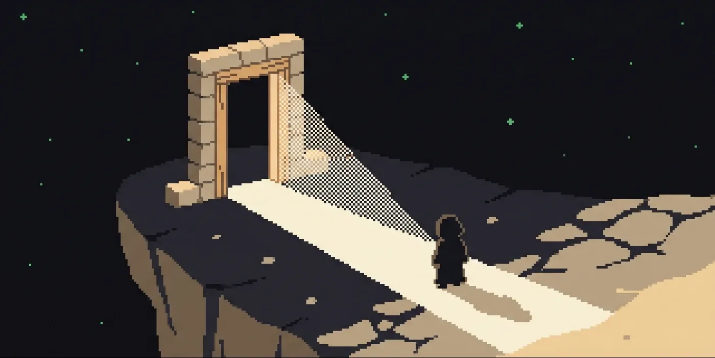 A lone doorway stands on the plateau, warm light spilling across the stone.