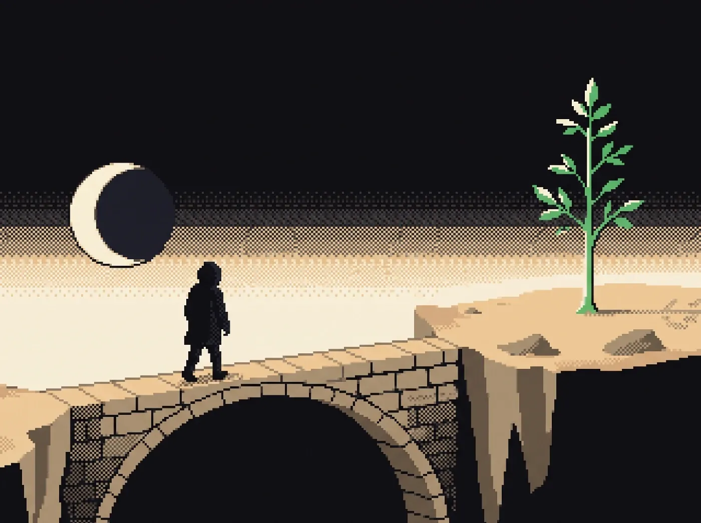 The figure crosses a stone arch toward a plateau where a tall green sapling grows under first light.