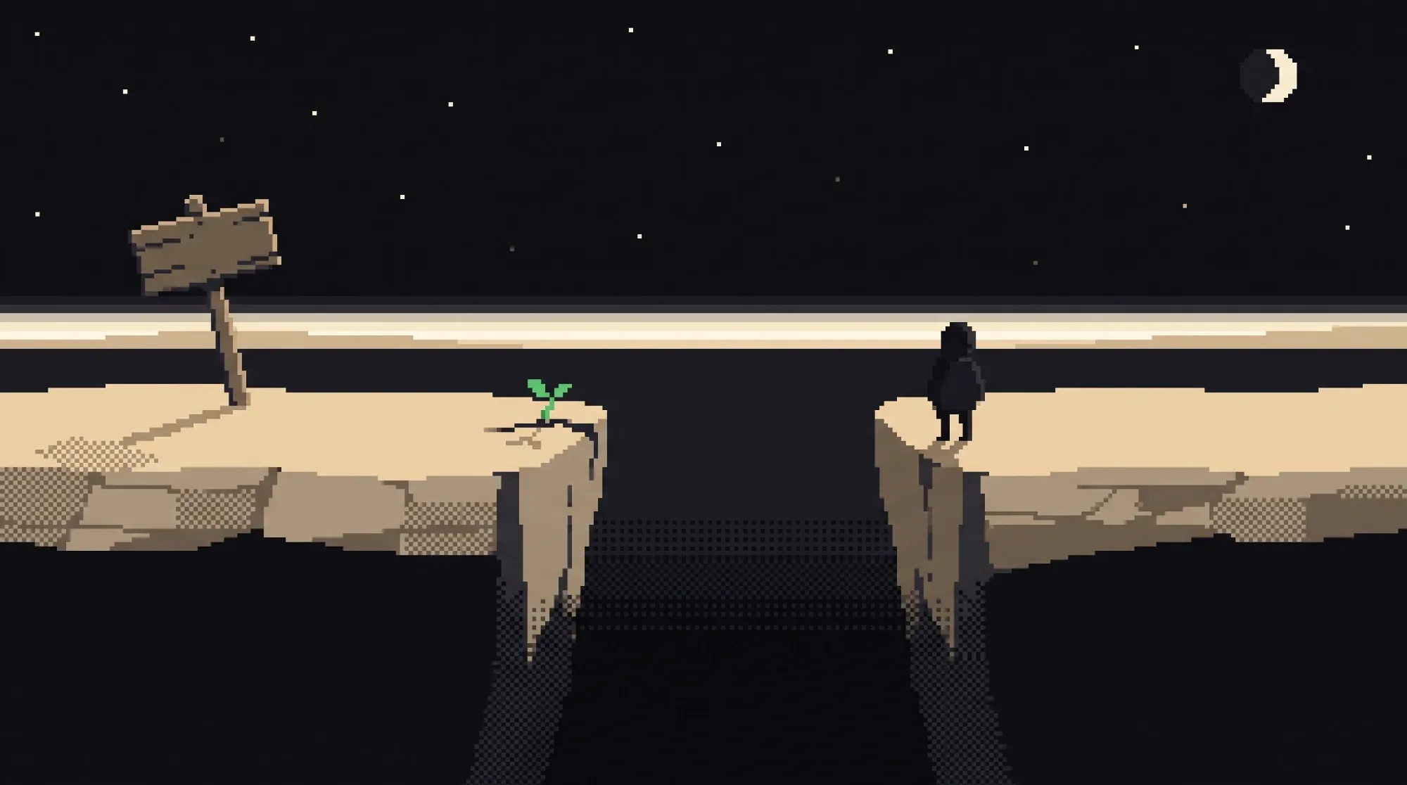 A hooded figure stands at the edge of a moonlit plateau, facing a signpost across a chasm where a green sprout grows.